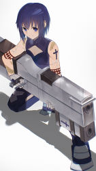 Rule 34 | 1girl, absurdres, bare shoulders, blue dress, blue eyes, blue footwear, blue hair, blue legwear, breasts, ciel (tsukihime), cleavage cutout, closed mouth, clothing cutout, commentary request, cross, cross tattoo, dress, gloves, gun, hair between eyes, highres, holding, holding weapon, looking at viewer, medium breasts, on one knee, pile bunker, powered ciel, ryes 8, seventh holy scripture, shadow, short hair, simple background, sleeveless, sleeveless dress, smile, solo, tattoo, tsukihime, tsukihime (remake), weapon, white background, wing tattoo