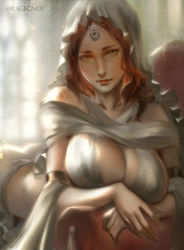 Rule 34 | 1girl, breasts, brown hair, cleavage, dark souls i, from software, large breasts, looking at viewer, queen of sunlight gwynevere, ragecndy, smile, solo