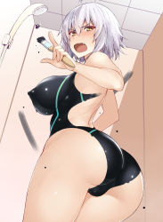 Rule 34 | 1girl, ahoge, black one-piece swimsuit, bodypaint, cleft of venus, commentary request, competition swimsuit, covered erect nipples, fate/grand order, fate (series), from below, grey hair, hair between eyes, highres, jeanne d&#039;arc (fate), jeanne d&#039;arc alter (avenger) (fate), jeanne d&#039;arc alter (fate), looking at viewer, nakamura yukitoshi, one-piece swimsuit, paintbrush, painted clothes, short hair, shower (place), shower head, solo, standing, swimsuit, yellow eyes