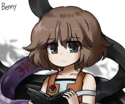 Rule 34 | 1other, androgynous, benny (len&#039;en), black eyes, book, brown hair, character name, closed mouth, commentary, frown, holding, holding book, kuzu suzumi, len&#039;en, open book, open clothes, open vest, orange vest, other focus, shirt, short hair, sleeveless, sleeveless shirt, solo, vest, websci 3357, white shirt