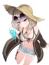 Rule 34 | 1girl, arknights, bikini, bikini top only, black coat, braid, breasts, cleavage, coat, crazy straw, cup, denim, denim shorts, drink, drinking glass, drinking straw, eyewear on head, food, hair between eyes, hat, heart straw, highres, holding, holding drink, holding food, looking at viewer, medium hair, official alternate costume, purple eyes, sandals, shorts, side braid, sidelocks, silver hair, single braid, smile, solo, standing, standing on one leg, straw hat, sunglasses, swimsuit, swimsuit cover-up, teallysky, utage (arknights), utage (summer flowers) (arknights)