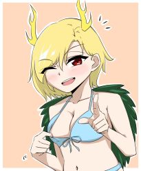 Rule 34 | 1girl, ;d, bad id, bad pixiv id, bikini, blonde hair, blue bikini, breasts, cleavage, dragon horns, erakokyu01, horns, index finger raised, kicchou yachie, medium breasts, navel, one eye closed, open mouth, pulling own clothes, red eyes, short hair, simple background, smile, solo, swimsuit, touhou, turtle shell, upper body, yellow background