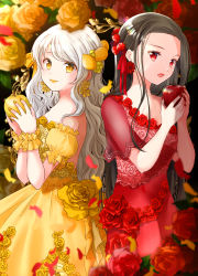 Rule 34 | 2girls, apple, black hair, breasts, commentary, dress, english commentary, flower, food, fruit, highres, holding, holding food, holding fruit, iroha (shiki), long hair, multiple girls, nail polish, off-shoulder dress, off shoulder, orange flower, orange nails, orange rose, original, puffy short sleeves, puffy sleeves, red apple, red dress, red eyes, red flower, red lips, red nails, red rose, rose, short sleeves, small breasts, very long hair, white hair, yellow dress, yellow eyes, yellow lips