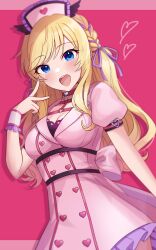 Rule 34 | 1girl, blonde hair, blue eyes, blush, braid, breasts, buttons, cleavage, double-breasted, dress, fingernails, frilled headwear, harness, hat, heart, highres, idolmaster, idolmaster cinderella girls, looking at viewer, medium breasts, nail polish, nurse, nurse cap, o-ring, o-ring harness, ohtsuki yui, pink dress, puffy short sleeves, puffy sleeves, sakura ran, short sleeves, simple background, smile, solo, two-tone background, upper body, v, wrist cuffs