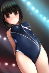 Rule 34 | 1girl, absurdres, arms behind back, black hair, blue one-piece swimsuit, blush, breasts, brown eyes, closed mouth, competition swimsuit, highres, looking at viewer, matsunaga kouyou, one-piece swimsuit, original, short hair, small breasts, solo, swimsuit, thighs