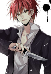 Rule 34 | 10s, 1boy, akabane karma, ansatsu kyoushitsu, holding, holding weapon, knife, looking at viewer, male focus, nya (13399869), red hair, school uniform, short hair, simple background, solo, upper body, weapon, white background, yellow eyes
