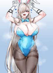 Rule 34 | 1girl, animal ears, arms up, asuna (blue archive), asuna (bunny) (blue archive), black pantyhose, blue archive, blue eyes, bow, bowtie, breasts, fake animal ears, freedom (aass5404), grey hair, hair over one eye, highres, large breasts, leotard, long hair, looking at viewer, mole, mole on breast, open mouth, pantyhose, playboy bunny, rabbit ears, ribbon, simple background, smile, solo, thighband pantyhose, tongue, traditional bowtie
