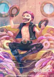 Rule 34 | 1boy, aged down, bisaiiiii, black jacket, black pants, charlotte katakuri, child, copyright name, doughnut, english text, food, food on face, holding, holding food, indoors, jacket, leather, leather jacket, leather pants, male focus, official art, one piece, one piece card game, open clothes, open mouth, oversized food, oversized object, pants, red hair, sharp teeth, short hair, sitting, sleeveless, sleeveless jacket, smile, stitches, teeth, tongue, tongue out, too much food