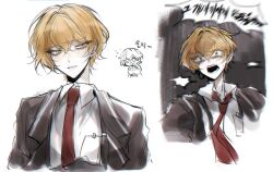 Rule 34 | 1boy, black coat, blonde hair, coat, collared shirt, limbus company, luull, multiple views, necktie, open mouth, parted lips, project moon, red necktie, screaming, shirt, simple background, sinclair (project moon), upper body, white background, white shirt, yellow eyes