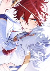 1boy absurdres aleo amagi_rinne artist_name blue_eyes character_name commentary_request dated earrings ensemble_stars! fingernails fur_trim hair_between_eyes highres holding holding_sword holding_weapon hoop_earrings jewelry long_sleeves male_focus parted_lips red_hair short_hair sideways_glance solo sword upper_body weapon