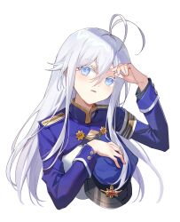Rule 34 | 1girl, 86 -eightysix-, blue jacket, grey eyes, highres, jacket, long hair, looking at viewer, shoulder strap, simple background, solo, vladilena millize, white background, white hair, yunweishukuang