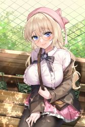 Rule 34 | 1girl, absurdres, bag, bench, beret, blonde hair, blouse, blue eyes, blush, breasts, breasts out, brown jacket, embarrassed, glasses, handbag, hat, highres, holding, holding bag, jacket, large breasts, leaf, lillly, long hair, looking at viewer, mole, mole under mouth, myndi, original, pantyhose, pink skirt, puffy nipples, ribbon, shirt, sitting, skirt, solo, thick thighs, thighs, tree, wavy hair, white shirt, wooden bench