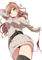 Rule 34 | 1girl, arm behind head, arm up, bang dream!, belt, blush, brown hair, closed mouth, earrings, green eyes, highres, holding, holding clothes, holding panties, holding underwear, imai lisa, jewelry, long hair, looking at viewer, necklace, no panties, off shoulder, panties, unworn panties, sakamata (sakamata4), simple background, single bare shoulder, smile, solo, standing, sweater, thighhighs, underwear, white background