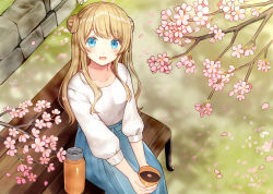 Rule 34 | 1girl, :d, bench, blonde hair, blue eyes, blush, breasts, collarbone, commentary request, cup, day, double bun, flower, from above, hair bun, holding, holding cup, kurata rine, long hair, long sleeves, looking at viewer, looking up, medium breasts, on bench, open mouth, original, outdoors, park bench, petals, pink flower, puffy long sleeves, puffy sleeves, revision, shirt, side bun, sitting, smile, solo, stone wall, thermos, very long hair, wall, white shirt