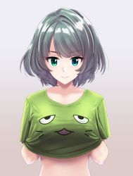 Rule 34 | 10s, 1girl, blue eyes, character print, closed mouth, collarbone, covering privates, covering breasts, eyebrows, gradient hair, green eyes, green hair, green shirt, grey background, hand under clothes, heterochromia, highres, idolmaster, idolmaster cinderella girls, infinote, looking at viewer, matching hair/eyes, midriff, mole, mole under eye, multicolored hair, pina korata, shirt, short hair, short sleeves, silver hair, simple background, smile, smiley face, solo, t-shirt, takagaki kaede, upper body