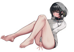 Rule 34 | 1girl, absurdres, arknights, arknights: endfield, bare legs, between legs, black hair, blue eyes, blush, breasts, endministrator (arknights), female endministrator (arknights), hair ornament, hand between legs, highres, invisible chair, long sleeves, looking at viewer, medium breasts, short hair, simple background, sitting, solo, suxi (user pjzz2244), sweater, white background, white sweater