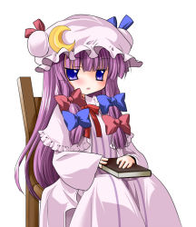 Rule 34 | 1girl, artist request, blush, book, chair, crescent, dress, female focus, hat, long hair, pajamas, patchouli knowledge, purple eyes, purple hair, ribbon, simple background, sitting, solo, touhou, white background
