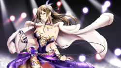 Rule 34 | 1girl, bare shoulders, breasts, brown hair, chikuwabu (yokowokazuaki), claw ring, cleavage, coat, coat on shoulders, collarbone, commentary request, dress, earrings, feather hair ornament, feathers, flower, grin, hair flower, hair ornament, heart, heart earrings, highres, holding, holding microphone, idol, idolmaster, idolmaster cinderella girls, idolmaster cinderella girls starlight stage, jewelry, large breasts, leg tattoo, long hair, microphone, mukai takumi, purple dress, purple flower, purple skirt, skirt, smile, stage lights, strapless, strapless dress, tattoo, thighs, torn straps, wire, yellow eyes