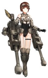 Rule 34 | 1girl, bare shoulders, black leotard, blunt bangs, boots, breasts, brown eyes, brown hair, cannon, commentary request, full body, gauntlets, holding, kfr, legband, leotard, machinery, mecha musume, original, science fiction, shell, short hair, simple background, skindentation, small breasts, smile, solo, standing, thigh gap, thigh strap, white background