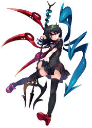 Rule 34 | 1girl, abusoru, asymmetrical wings, black dress, black hair, black thighhighs, bow, bowtie, breasts, dress, footwear bow, full body, high heels, highres, holding, holding weapon, houjuu nue, looking at viewer, medium breasts, pointy ears, polearm, red bow, red bowtie, red eyes, red footwear, shoes, short dress, short sleeves, snake, solo, thighhighs, touhou, trident, weapon, wings, wrist cuffs