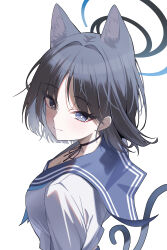 1girl absurdres animal_ears black_eyes black_hair black_ribbon blue_archive blue_neckerchief blue_sailor_collar blush cat_ears cat_girl cat_tail closed_mouth commentary_request dated_commentary from_side hair_intakes halo highres kikyou_(blue_archive) looking_at_viewer medium_hair multiple_tails neck_ribbon neckerchief partial_commentary portrait ribbon sailor_collar school_uniform serafuku shirt simple_background smile solo tail two_tails white_background white_shirt winterflower