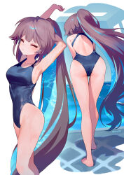 Rule 34 | 1girl, ainy, arm behind head, arm up, armpits, ass, blue eyes, blue one-piece swimsuit, breasts, brown hair, closed eyes, commentary request, from behind, highres, long hair, medium breasts, multicolored hair, multiple views, one-piece swimsuit, original, ponytail, pool, standing, stretching, swimsuit, two-tone hair, water, wet