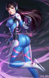Rule 34 | 1girl, absurdres, aiming, aiming at viewer, artist name, ass, beads, black hair, blurry, bodysuit, boots, breasts, brown eyes, closed mouth, covered erect nipples, d.va (overwatch), depth of field, eyelashes, facial mark, finger on trigger, gloves, gun, headphones, highres, holding, holding gun, holding weapon, light smile, lips, long hair, looking at viewer, looking back, overwatch, overwatch 1, pilot suit, rabbit, red lips, skin tight, smile, solo, weapon, whisker markings, white gloves, yus
