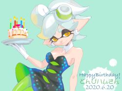 Rule 34 | 1girl, bare arms, black dress, bow-shaped hair, breasts, cleavage, collarbone, commission, detached collar, dress, earrings, food, food on head, gloves, green pantyhose, grey hair, happy birthday, highres, hoop earrings, inkling, jewelry, marie (splatoon), mimimimiguchan, mole, mole under eye, nintendo, object on head, pantyhose, pointy ears, short dress, short ponytail, solo, splatoon (series), squid girl, strapless, strapless dress, sushi, swept bangs, tentacle hair, thick eyebrows, white gloves, yellow eyes