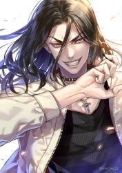 1boy baji_keisuke black_hair black_shirt cross cross_necklace grin hair_between_eyes hand_up highres jacket jewelry long_hair long_sleeves looking_at_viewer male_focus necklace shirt simple_background smile solo tokyo_revengers twitter_username upper_body uwzm21 v-shaped_eyebrows white_background white_jacket yellow_eyes