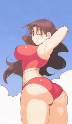 Rule 34 | 1girl, :d, armpits, arms behind head, ass, azumanga daiou, bikini, breasts, brown eyes, brown hair, closed mouth, cloud, cloudy sky, highres, inkerton-kun, large breasts, long hair, looking at viewer, looking back, one eye closed, open mouth, sideboob, simple background, sky, smile, solo, swimsuit, tanizaki yukari