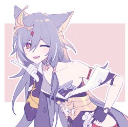 Rule 34 | 1girl, animal ears, asymmetrical gloves, black gloves, black hair, black nails, border, cat ears, chinese clothes, choker, cramps (exspmarc), fang, fu hua, fu hua (herrscher of sentience), gloves, hair between eyes, hair ornament, honkai (series), honkai impact 3rd, index finger raised, long hair, looking at viewer, mismatched gloves, nail polish, one eye closed, open mouth, red eyes, solo, v-shaped eyebrows, white gloves