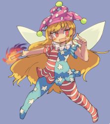 Rule 34 | 1girl, american flag dress, american flag legwear, blonde hair, blush, clownpiece, dress, fairy wings, fang, fire, full body, hat, holding, ini (inunabe00), jester cap, long hair, looking at viewer, neck ruff, open mouth, pantyhose, polka dot, red eyes, short dress, short sleeves, simple background, smile, solo, standing, star (symbol), star print, striped clothes, striped pantyhose, torch, touhou, very long hair, wings