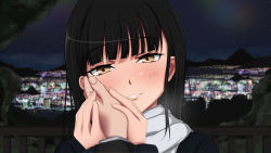 Rule 34 | 1girl, black hair, city, close-up, couple, dating, hand on another&#039;s cheek, hand on another&#039;s face, hetero, highres, looking at viewer, monizumi ishikawa, night, night sky, pov, sakamoto mio, scenery, sky, star (sky), star (symbol), starry sky, strike witches, world witches series, yellow eyes