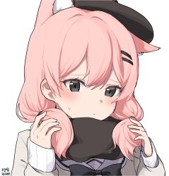 Rule 34 | 1girl, animal ear fluff, animal ears, beret, black eyes, black hat, black scarf, blush, cat ears, cat girl, closed mouth, copyright request, dated, hair ornament, hairclip, hat, highres, long sleeves, looking at viewer, myeolchi, pink hair, scarf, short hair, short twintails, simple background, solo, twintails, white background