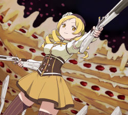 Rule 34 | 10s, 1girl, bad id, bad pixiv id, beret, blonde hair, blurry, brown thighhighs, depth of field, detached sleeves, drill hair, dual wielding, dutch angle, fingerless gloves, from below, gloves, gun, hair ornament, hairpin, hat, holding, magical girl, magical musket, mahou shoujo madoka magica, mahou shoujo madoka magica (anime), pleated skirt, puffy sleeves, ribbon, rifle, samtx, skirt, smile, solo, striped clothes, striped thighhighs, thighhighs, tomoe mami, twin drills, vertical-striped clothes, vertical-striped thighhighs, weapon, witch&#039;s labyrinth, yellow eyes, zettai ryouiki