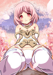 Rule 34 | 10s, 1girl, arm support, arms behind back, ass, bare shoulders, cherry blossoms, foreshortening, frame arms girl, in tree, knees together feet apart, leaning back, legs, materia (frame arms girl), materia shiro, oborogumo takamitsu, outdoors, panties, petals, pink eyes, pink hair, short hair, sitting, smile, solo, thighhighs, tree, underwear, white panties, white thighhighs