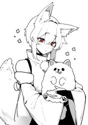 Rule 34 | 1641 (chfhrtor94), 1girl, :3, animal, animal ear fluff, animal ears, closed mouth, commentary request, cowboy shot, detached sleeves, dog, expressionless, greyscale, highres, holding, holding animal, holding dog, inubashiri momiji, monochrome, pom pom (clothes), red eyes, shirt, short hair with long locks, simple background, skirt, sleeveless, sleeveless shirt, solo, spot color, tail, tongue, tongue out, touhou, turtleneck, white background, wide sleeves, wolf ears, wolf girl, wolf tail