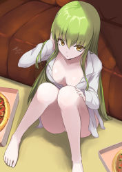 Rule 34 | 1girl, ass, bad id, bad pixiv id, blouse, breasts, c.c., cleavage, code geass, collared shirt, couch, feet, food, from above, green hair, knees up, long hair, looking at viewer, medium breasts, naked shirt, on floor, open clothes, open shirt, pizza, shirt, sitting, solo, tea (nakenashi), thighs, very long hair, white shirt, yellow eyes