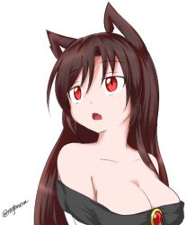 Rule 34 | 1girl, animal ears, bare shoulders, breasts, brooch, brown hair, cleavage, imaizumi kagerou, jewelry, large breasts, open mouth, red eyes, simple background, taurine 8000mg, touhou, twitter username, white background, wolf ears
