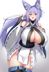 Rule 34 | 1girl, animal ear fluff, animal ears, bare shoulders, blue eyes, blush, breasts, bridal gauntlets, cleavage, cleavage cutout, clothing cutout, cowboy shot, curvy, detached sleeves, elbow gloves, fox ears, fox girl, fox tail, gloves, highres, huge breasts, indigo (tylwing), light purple hair, long hair, looking at viewer, nontraditional miko, open mouth, original, ponytail, purple hair, solo, tail, thick thighs, thighs, tylwing, window