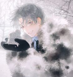 Rule 34 | 1boy, absurdres, black gloves, black jacket, black necktie, branch, character request, chinese commentary, coat, collared shirt, copyright request, fur coat, gloves, grey hair, grin, guozi375, happy new year, heart, highres, holding snowman, jacket, looking at viewer, male focus, necktie, new year, purple eyes, shirt, short hair, smile, snow sculpture, solo, tree, upper body, white coat, white shirt