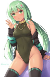 Rule 34 | 1girl, bare shoulders, black thighhighs, breasts, closed mouth, covered navel, cowboy shot, dark-skinned female, dark skin, green eyes, green hair, green leotard, hair ornament, haura (sasaame), heart, heart hair ornament, highres, leotard, long hair, looking at viewer, low twintails, medium breasts, off-shoulder jacket, off shoulder, original, sasaame, simple background, sitting, smile, solo, thighhighs, twintails, twitter username, waving, white background