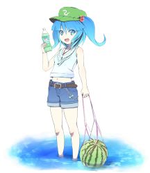 Rule 34 | 1girl, alternate costume, bad id, bad pixiv id, belt, blue eyes, blue hair, bow, chain, contemporary, denim, denim shorts, female focus, food, fruit, hair bobbles, hair ornament, hat, highres, jewelry, kawashiro nitori, matching hair/eyes, midriff, navel, necklace, net, open mouth, sanuki (zigzagflamberge), short hair, shorts, smile, solo, touhou, transparent background, twintails, two side up, wading, water, watermelon