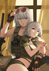 Rule 34 | 2girls, ak-15 (girls&#039; frontline), assault rifle, blunt bangs, box, bracelet, breasts, camouflage, camouflage shirt, camouflage shorts, cleavage, closed mouth, collared shirt, curtains, defy (girls&#039; frontline), eyewear on head, unworn eyewear, finger to mouth, fingerless gloves, food, girls&#039; frontline, gloves, gun, highres, holding, holding removed eyewear, jewelry, large breasts, light machine gun, long hair, looking to the side, lying on person, machine gun, multiple girls, parted lips, pie, purple eyes, rifle, rpk, rpk-16, rpk-16 (girls&#039; frontline), shirt, short hair, short shorts, short sleeves, shorts, silayloe, silver hair, sitting, vest, weapon, window