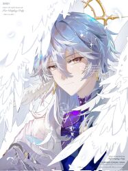 1boy blue_shirt earrings feathered_wings gloves gold_earrings grey_hair hair_between_eyes hair_over_shoulder halo halo_behind_head head_wings highres honkai:_star_rail honkai_(series) jacket jewelry looking_at_viewer male_focus medium_hair shirt simple_background solo spiked_halo sunday_(honkai:_star_rail) turtleneck u37777123 upper_body white_background white_gloves white_jacket wings yellow_eyes