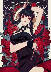 Rule 34 | 1girl, black dress, black gloves, black hair, blade, blush, datcravat, dress, fingerless gloves, gloves, highres, holding, holding weapon, long hair, looking at viewer, red eyes, red nails, spy x family, weapon, yor briar