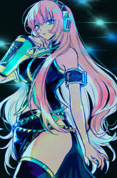 Rule 34 | 1girl, akiyama enma, aqua eyes, arm up, armband, belt, black background, detached sleeves, headset, long hair, looking at viewer, megurine luka, multiple belts, nail polish, outstretched leg, pink hair, side slit, solo, thighhighs, very long hair, vocaloid