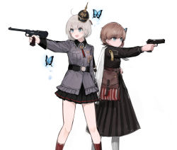 Rule 34 | 2girls, belt buckle, blonde hair, blue butterfly, blue eyes, borchardt c-93, brown hair, browning hi-power, buckle, bug, butterfly, c-93 (girls&#039; frontline), finger on trigger, girls&#039; frontline, gun, handgun, helmet, highres, holding, holding gun, holding weapon, hp-35 (girls&#039; frontline), bug, medal, military, military uniform, multiple girls, open mouth, pistol, rampart1028, short hair, trigger discipline, uniform, weapon, white background
