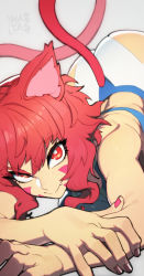 Rule 34 | 1girl, animal ears, artist name, ass, borrowed character, cat ears, cat girl, cat tail, closed mouth, copyright request, facial mark, fang, fingernails, grey background, hata4564, highres, looking at viewer, lying, on stomach, red eyes, red hair, short hair, simple background, smile, solo, tail, whisker markings