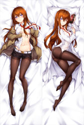 Rule 34 | 1girl, ;d, bakugadou, bed sheet, black pantyhose, black shorts, blue eyes, blush, breasts, brown hair, brown jacket, dakimakura (medium), from above, grin, jacket, lab coat, long hair, looking at viewer, lying, makise kurisu, medium breasts, midriff, multiple views, navel, necktie, no shoes, on back, on side, one eye closed, open clothes, open jacket, open mouth, open shirt, panties, panties under pantyhose, pantyhose, pantyhose under shorts, pillow, red neckwear, shirt, short shorts, shorts, smile, steins;gate, stomach, underboob, underwear, very long hair, white shirt